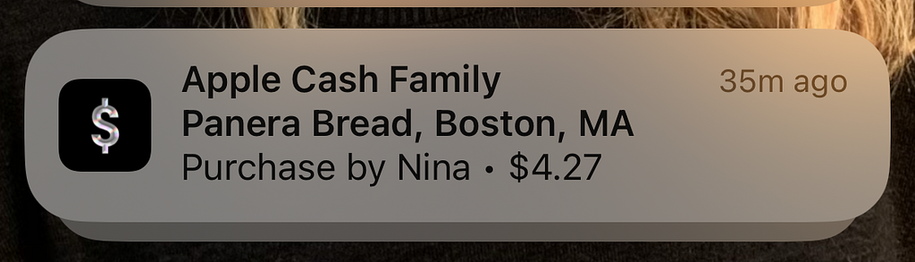 An Apple Cash alert generated by a new transaction in the real world